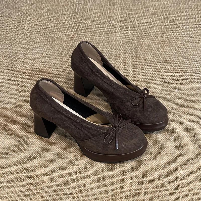 

Fashion Spring Autumn Platform Mary Jane Shoes Women Thick High Heels Shoes Vintage Slip on Butterfly-knot Pumps 2026 New 40 коричневый