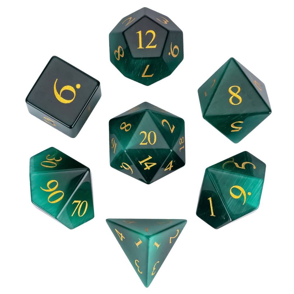 Cusdie Cat's Eye Stone DND Dice Handmade D4-D20 Polyhedral Gemstone Dice Set with Leather Box for Tabletop RPG Collection