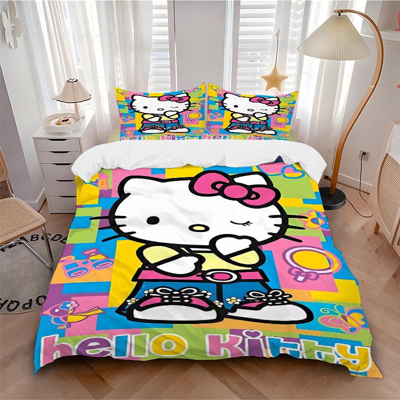 3pcs Hello Kitty In a Playful Pose Pattern Bedding Three-Piece Set (1 Cover + 2 Pillowcases, No Fillings), Soft and Comfortable S038