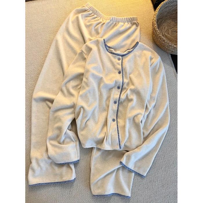 

Korean Style Women s Color Block Fleece Pajama Set - Autumn/Winter 2025 Long Sleeve & Pants Warm Home Wear L