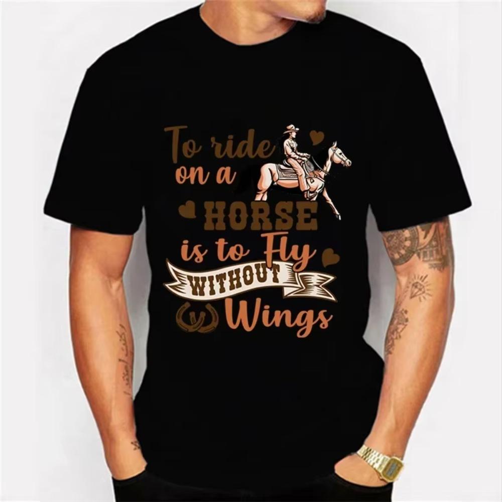 

Мужская футболка Ездить на лошади - это летать без крыльев Кавайная футболка Мужская Женская футболка Лошади Девушки Графическая Мужская Классическая футболка XXXXXL чёрный