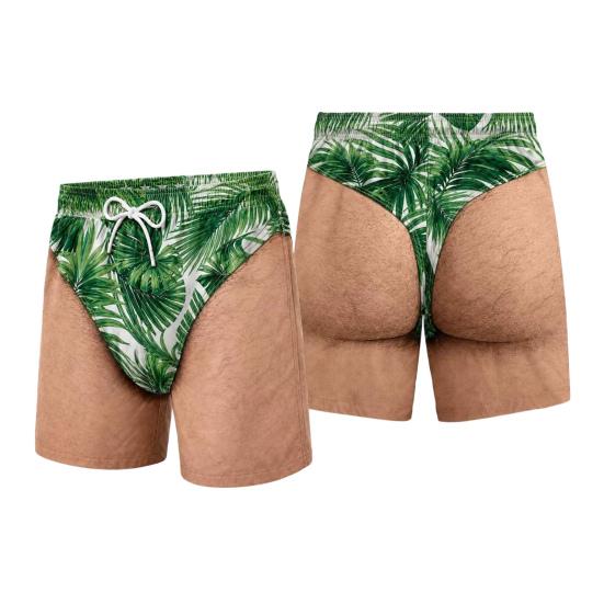 Novelty 3D Graphic Swimwear Hairy Big Booty Shorts, Men Funny Butt Print Beach Relaxed Fit Lounge Shorts Cheeky Briefs Pattern Swim Trunks for Summer