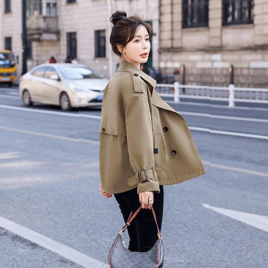 Fashion Casual Short Trench Coat Women's Spring New Double-breasted Small Man Design Khaki Jacket Tide