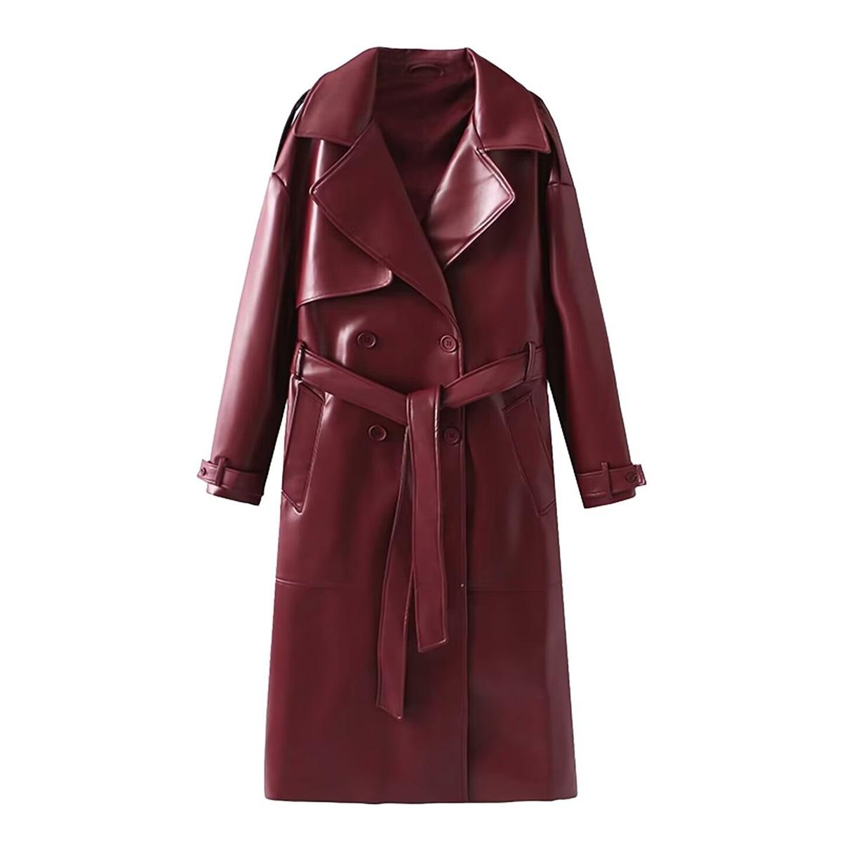 Women Faux Leather Long Trench Coat