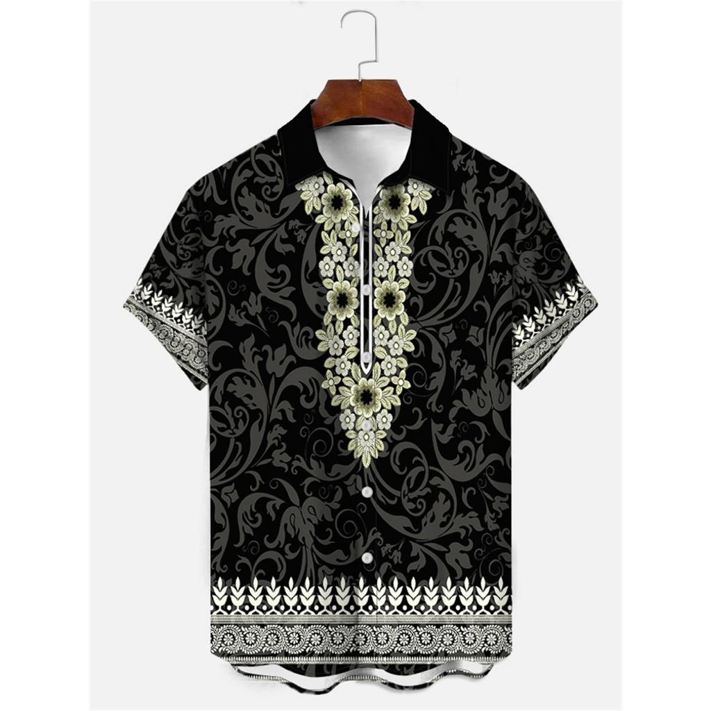 Men's Shirt Art Pattern Print Casual Shirt Short Sleeve Oversized Top Summer Vintage Flower Pattern Beach Y2k Fashion Clothing