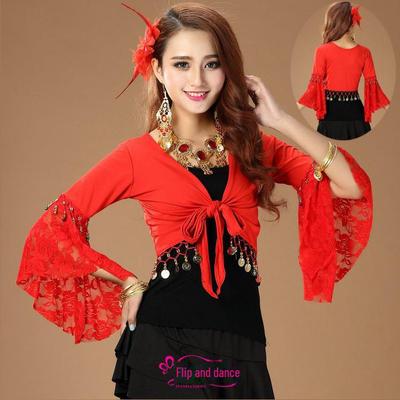 Belly Dance Practice Suit with Lace Trumpet Sleeves and Square Dance Shawl