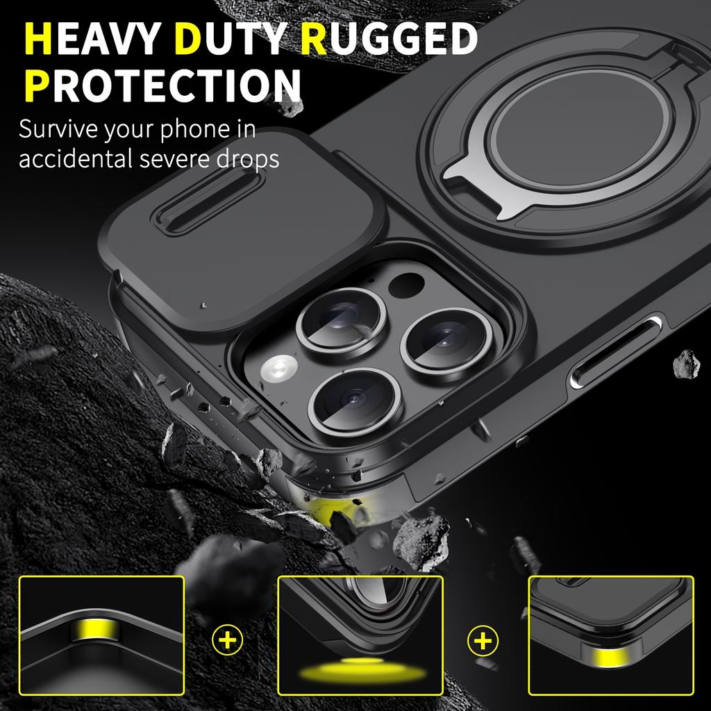 Heavy Duty Armor Magnetic Bracket Case for For Iphone 17 16 1 14 13 12 11 Pro Max Plus Slide Camera Protection PC Cover
