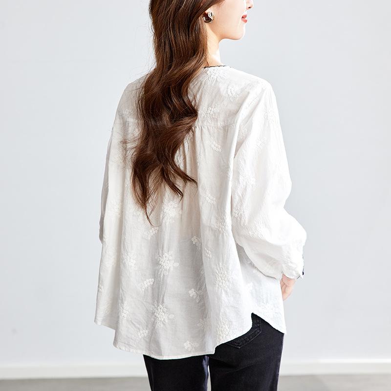 Pure Cotton Embroidered Shirt for Women Long Sleeves Summer New Thin Top Temperament Lady Round Neck Shirt