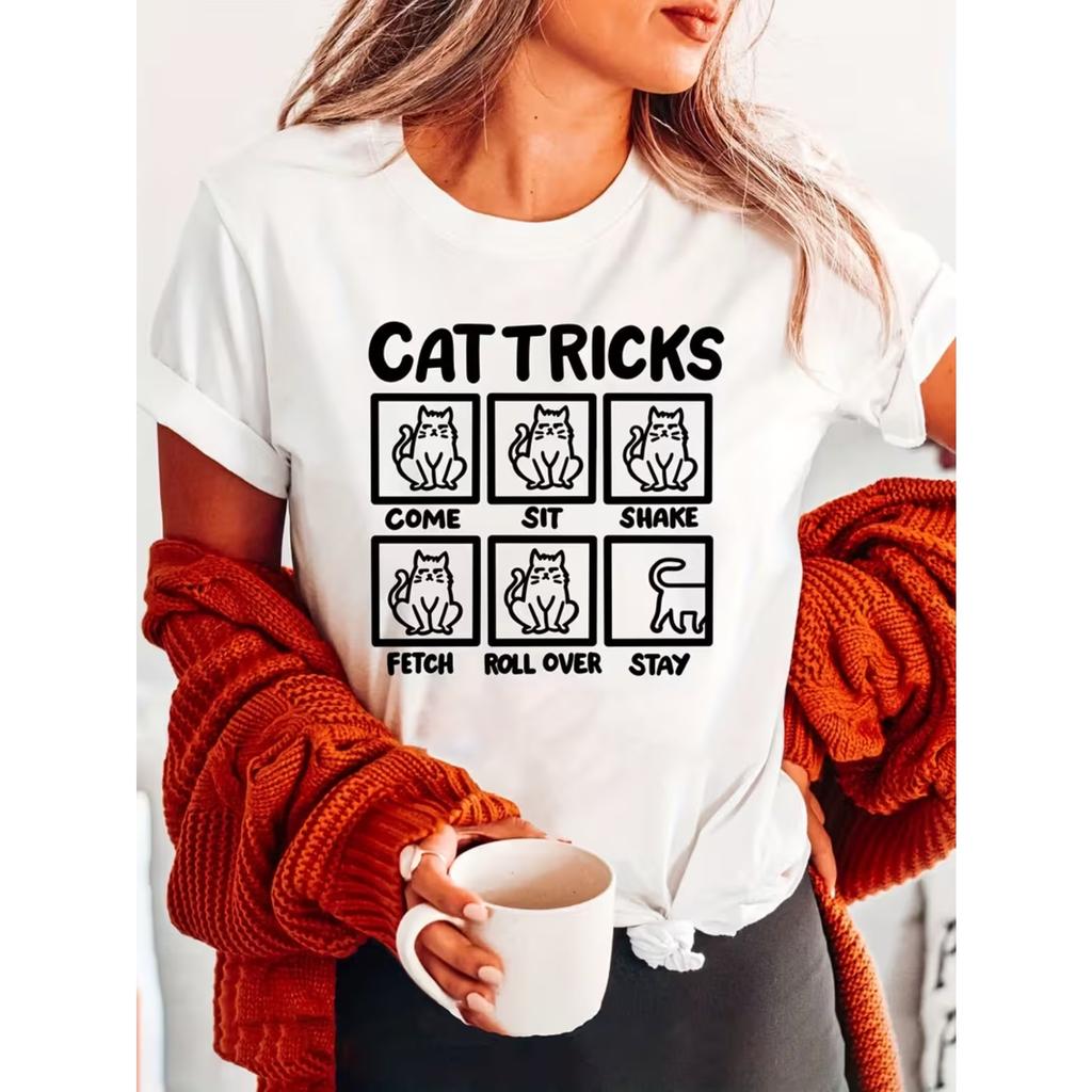 Whimsical Cat Tricks Crew Neck T-Shirt - Women's Short Sleeve Casual Top for Summer & Spring - Fun Graphic Print