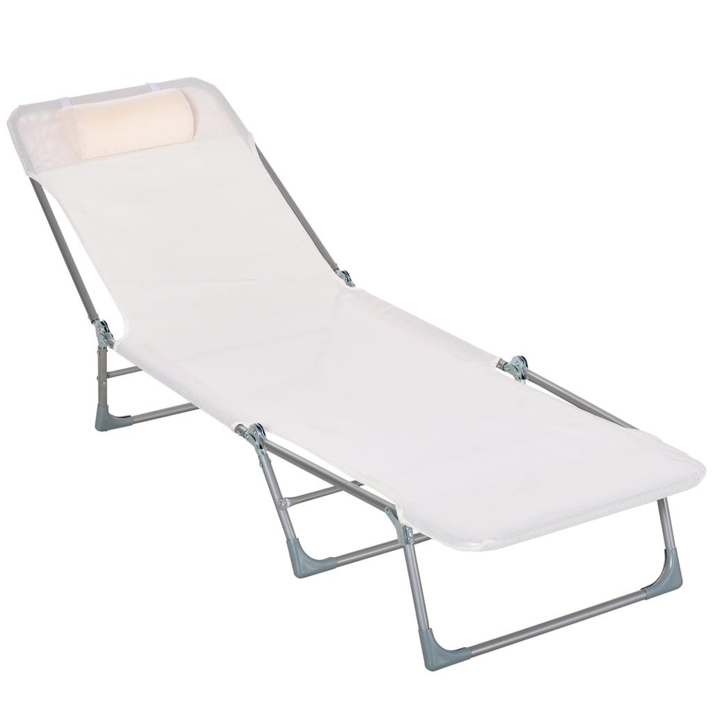 Sun Lounger Reclining Folding Deck Chair with Pillow Backrest Adjustable To 5 Levels Cream