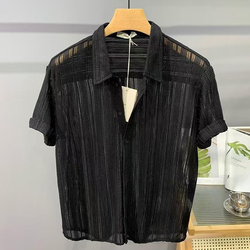 Summer Knitted Hollow Out Shirts Men Button Lapel Short Sleeve Knit Shirt Men s Knitwear Casual Solid Striped Patchwork S чёрный