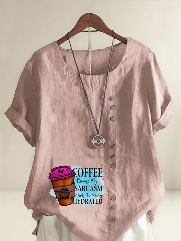 

Women s Fashion Coffee Alphabet Print Casual Cotton Linen Short Sleeve Round Neck T-shirt Shirt Leisure Loose Summer Blouse Tops S розовый