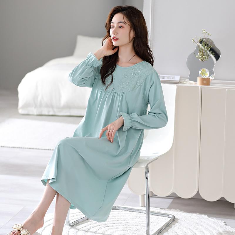 

Pajamas With Chest Pads, Spring And Autumn Cotton Long-Sleeved Medium And Long Pajamas, Female Princess Style Loungewear, High-End Dress 2XL