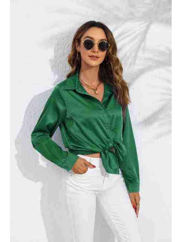 European & American Women's Long Sleeve Satin-Cotton Shirt - Solid Color, Spring & Autumn Bestseller