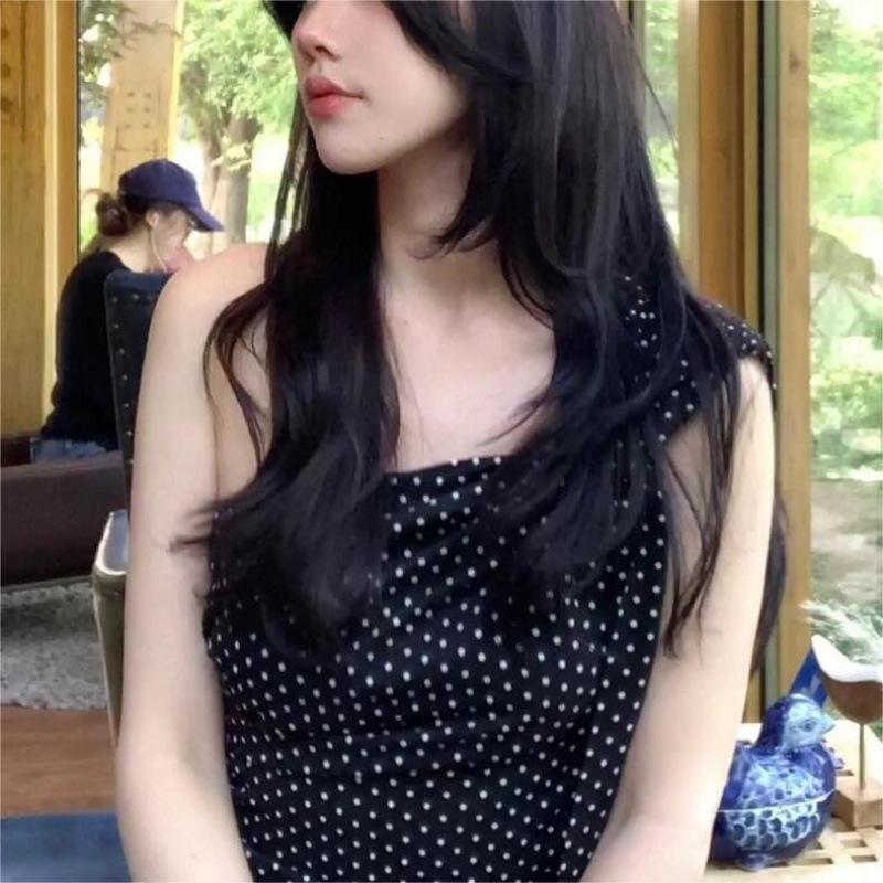 2024 Summer Polka Dot Chiffon Off-Shoulder Camisole - Slim Fit Sexy Style Women's Top