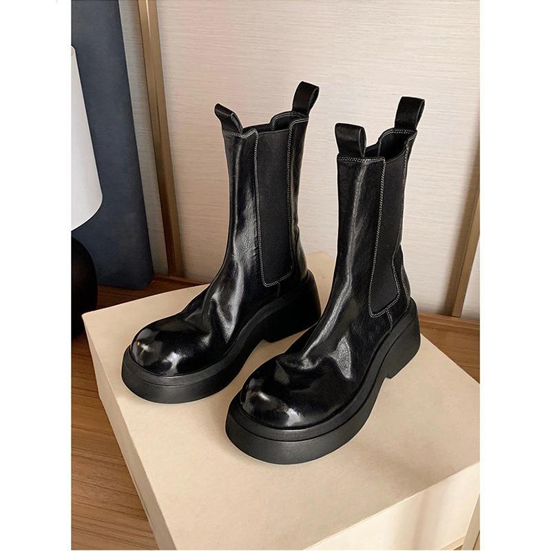 Cowhide version~ New platform-soled Chelsea short boots women's round head elastic band thick heel medium tube Martin boots