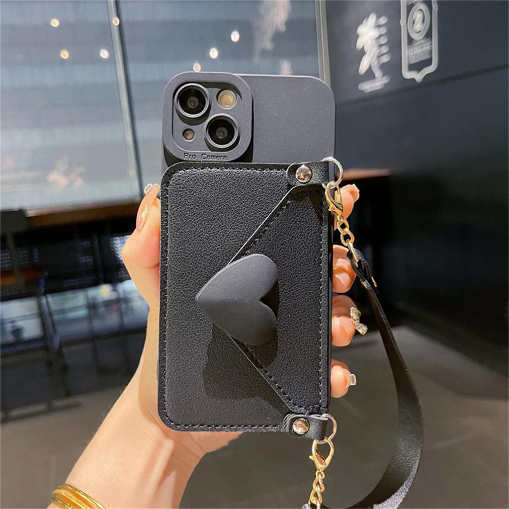 Koreanische Crossbody Lanyard Halskette Leder Kartenhalter Geldbörse Hülle für iPhone 11 12 13 14 Pro Max X XS XR Max Balck Cover