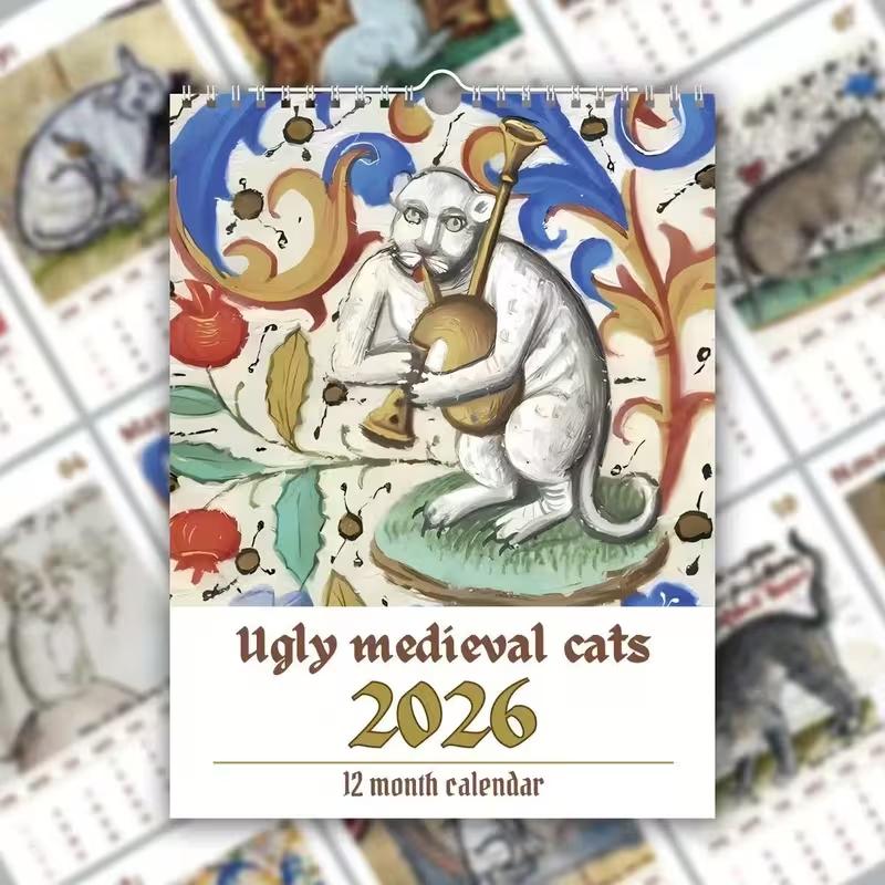 1pc 2026 Ugly Medieval Cats Calendar - Vintage Gothic Hanging Wall Calendar - Home Office Decor - Birthday Gift for Cat Lovers