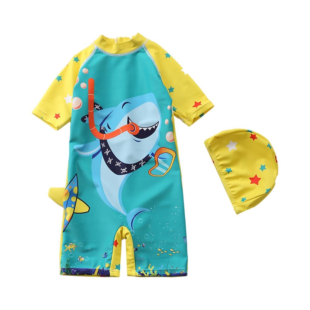 Boys Short Sleeve Hooded One-Piece Swimsuit Cartoon Dinosaur Print Beach Swimwear Summer Kids Swim Shirt with Matching Swim Cap