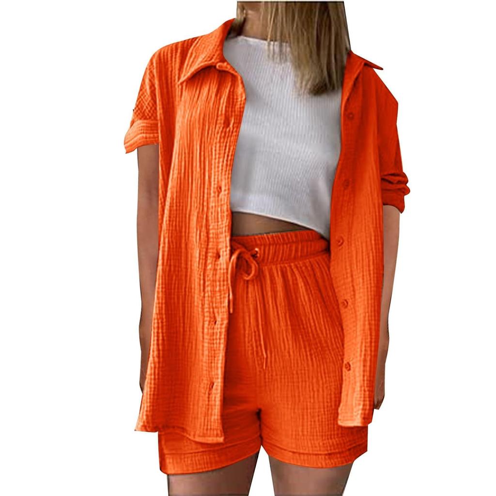 Women's Casual And Fashionable Solid Color Lapel Short Sleeved Shirt Top, High Waisted Drawstring Shorts Set