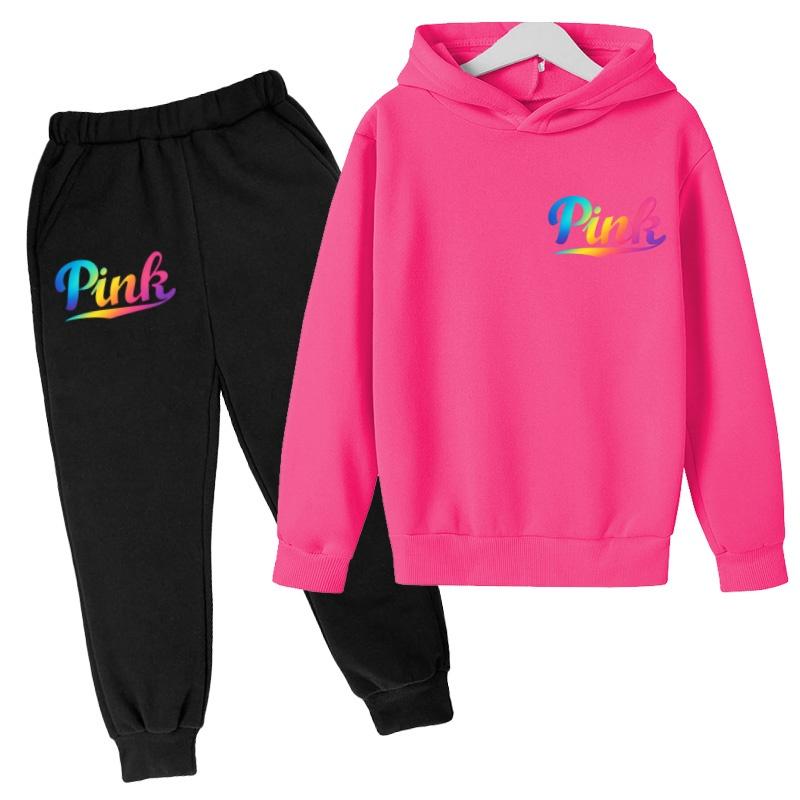 Kids Hoodie Pink Letters Print Coat Boy Girl Toddler 3-12 Years Charming Casual Clothing Top+Pants 2P Leisure Sports Fashion Set