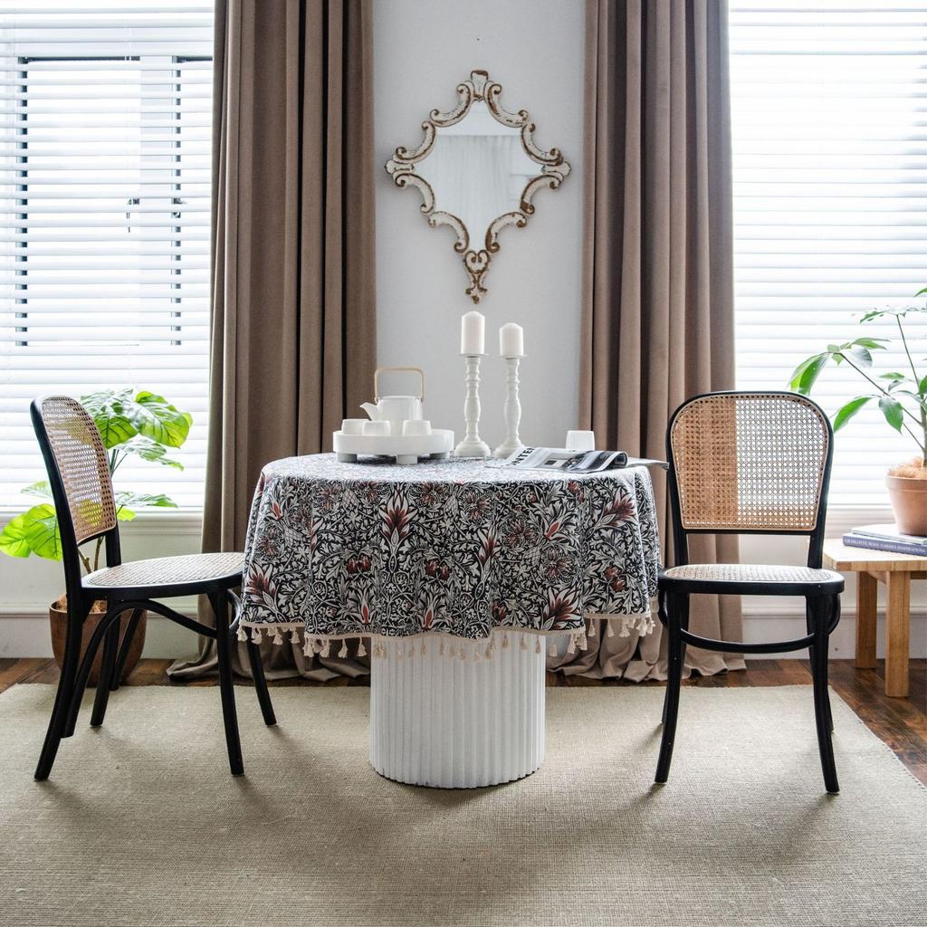Decorative Tablecloth with Rice Base, Small Floral Print Round Green Fringe Cloth - Suitable for Holiday Dining Rooms, Living Rooms, Family Gatherings