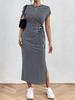 Women's Striped Midi Dress with Tie Waist and Side Slit