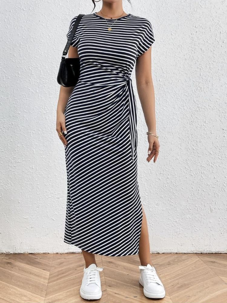 Women's Striped Midi Dress with Tie Waist and Side Slit