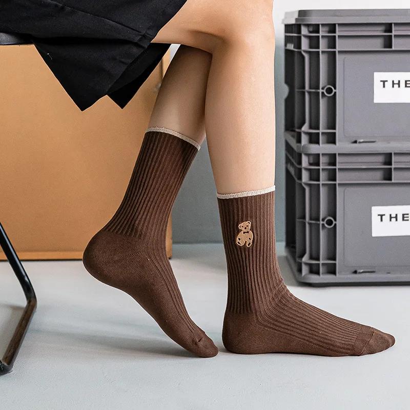 Women'S Cartoon Bear Socks Korean Casual Stockings Soft Cotton Socks Autumn Coffee Stockings Kawaii Women Socks Women Hosiery