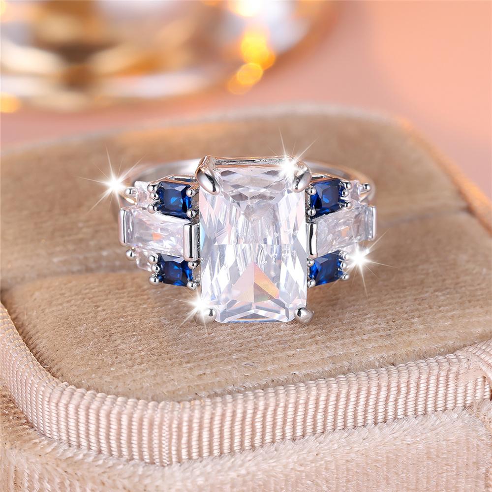 Einzigartiger Damen Weiß Blau Quadratisch Rund Zirkonstein Ring Silberfarben Zierlich Geschenk Party Hochzeit Schmuck Für Frauen