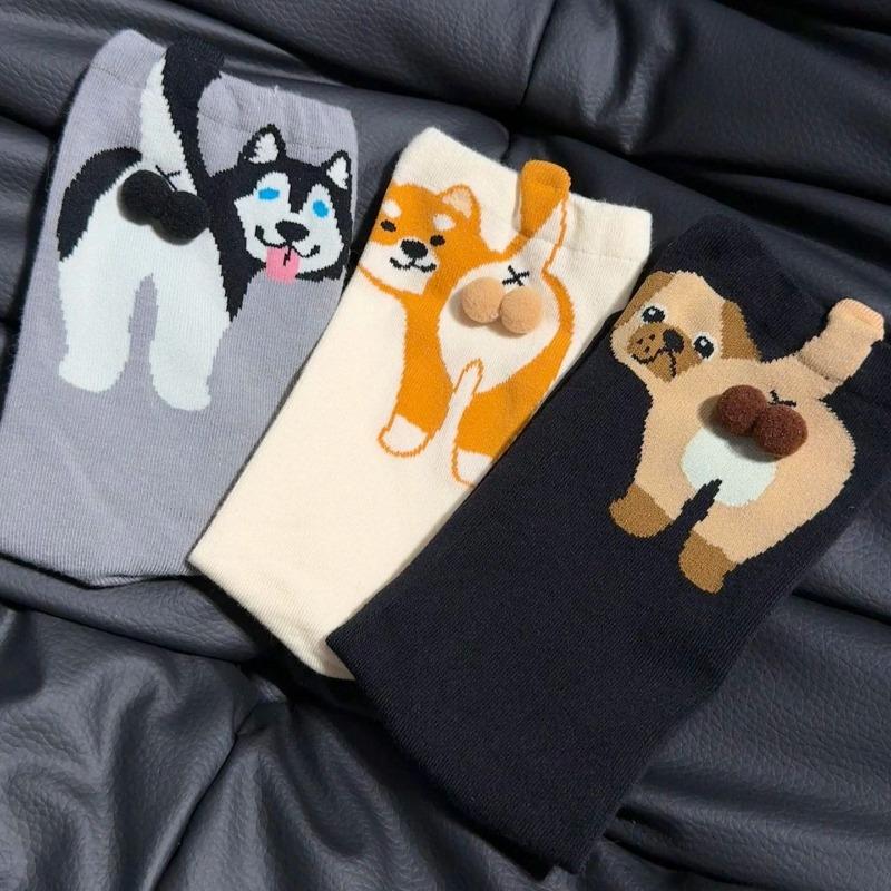 1/4 Pares Otoño Invierno Dibujos Animados Lindo Perro Bolas Calcetines de Algodón Kawaii Lolita Calcetines de Punto Mujer Niña Tubo Medio
