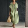 Locker sitzendes gestreiftes Kaftan-Kleid mit V-Ausschnitt und kurzen Ärmeln für Damen, lässiges langes Maxikleid mit Taschen