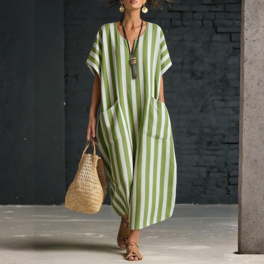 Locker sitzendes gestreiftes Kaftan-Kleid mit V-Ausschnitt und kurzen Ärmeln für Damen, lässiges langes Maxikleid mit Taschen