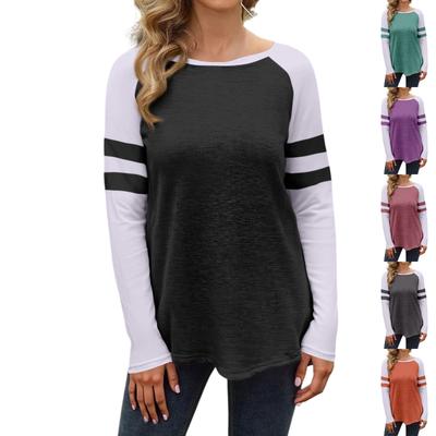 Women's Casual Fashion Striped Long Sleeve Round Neck Colorblock Top