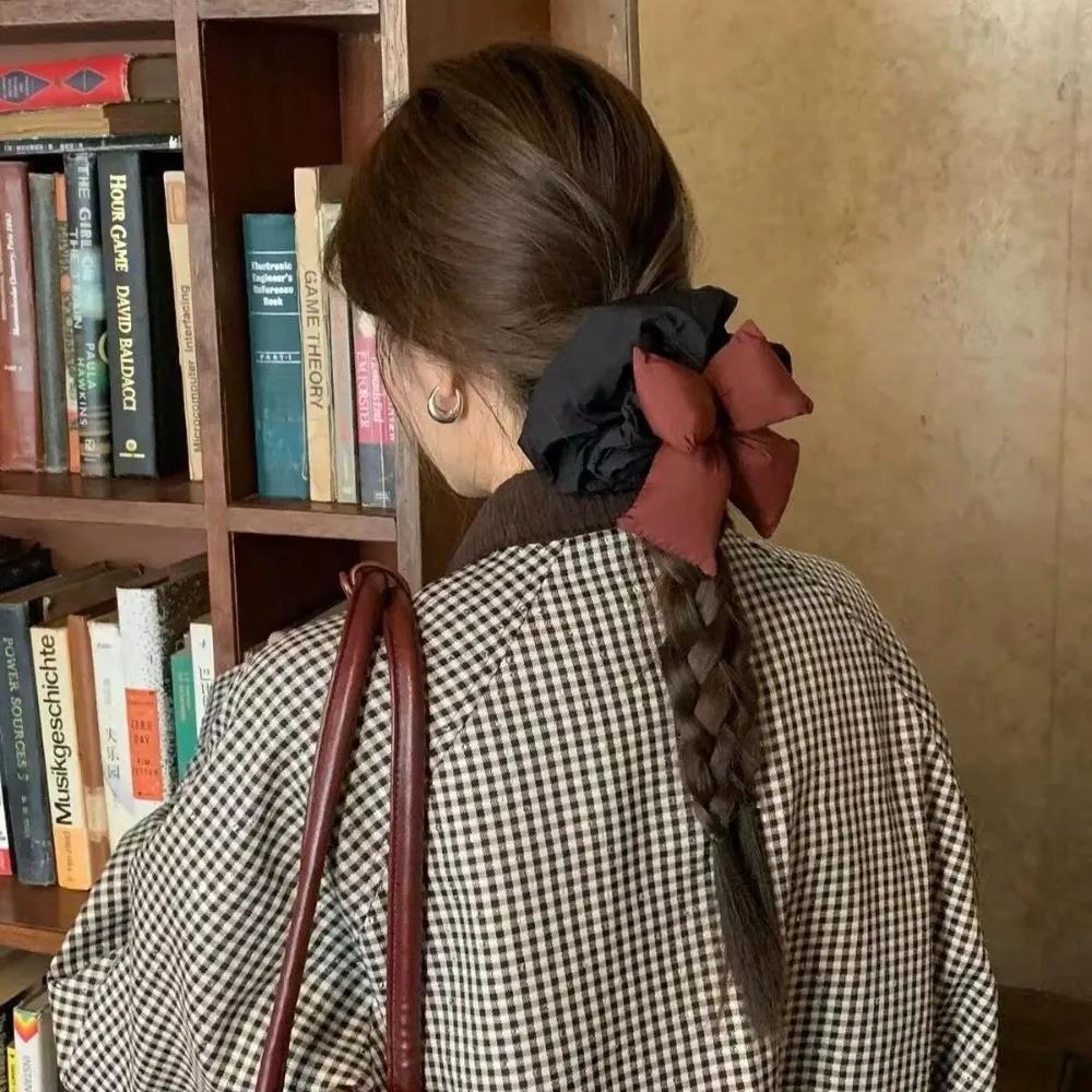 Oversize Black Bow Scrunchies Hair Ties Women Girls Solid Rubber Big Elastic Hair Bands Rope Ponytail Hair Accessories Winter
