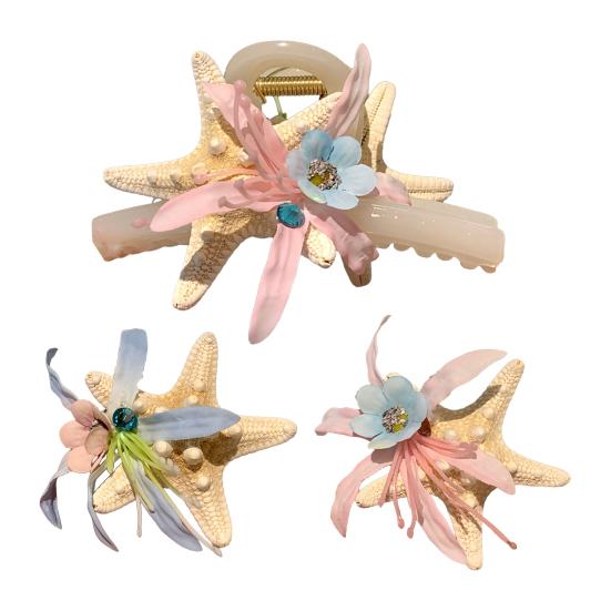Hair Claw Starfish Artificial Flower Decor Anti-Slip Design Hair Clip Back Head Shark Hair Claw Holiday Travel Beach Hair Accessory