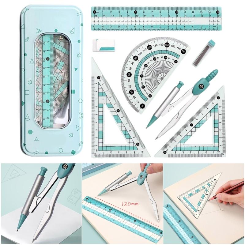 Multifunctional Drafting Tools Kits Including Compass Ruler Protractors Eraser For School Office Home Use In Organizers Box