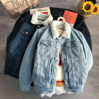 Autumn and Winter Couple Denim Jackets, Men's Thickened Fleece Warm Casual Jackets, Large-sized Cotton-padded Jackets, Lambskin Jackets