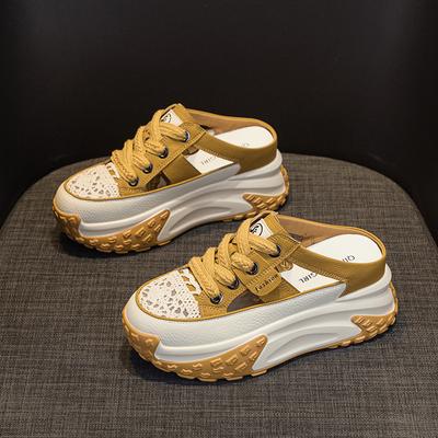 Leather Bag Head Inner Height Increase Half Slippers Women's Summer Wear 2025 New Internet Celebrity Explosion Thick-soled Hole White Shoes