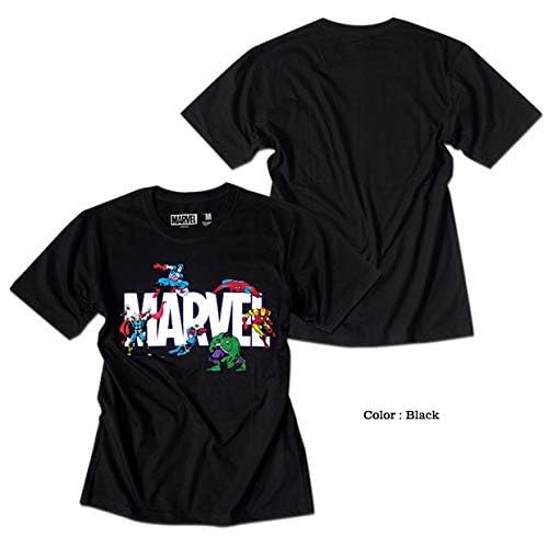 EVERSOUL Marvel Logo T-Shirt, Short Sleeve, Hulk, Venom, Captain America, Iron Man, American Comic Characters, Men's, Black, Size M [Parallel Import]