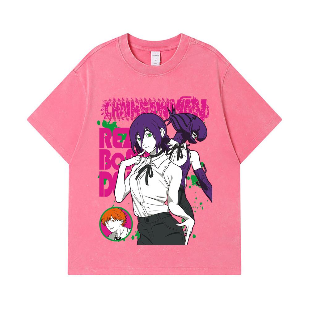 275 GSM Washed T-shirts 100% Cotton Chainsaw Man V44 Reze Print Unisex Heavy Cotton T Shirt