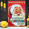 Vintage Woolworths Americas Christmas Store Santa Claus Metal Tin Sign Retro Holiday Wall Decor for Home Kitchen Bar Cafe Farm
