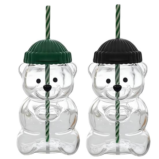 2 ks Kelímek ve tvaru medvídka s víčkem a brčkem Roztomilý nepropustný hrnek pro děti dospělé Plastový kelímek na studené nápoje na smoothie a ledovou kávu