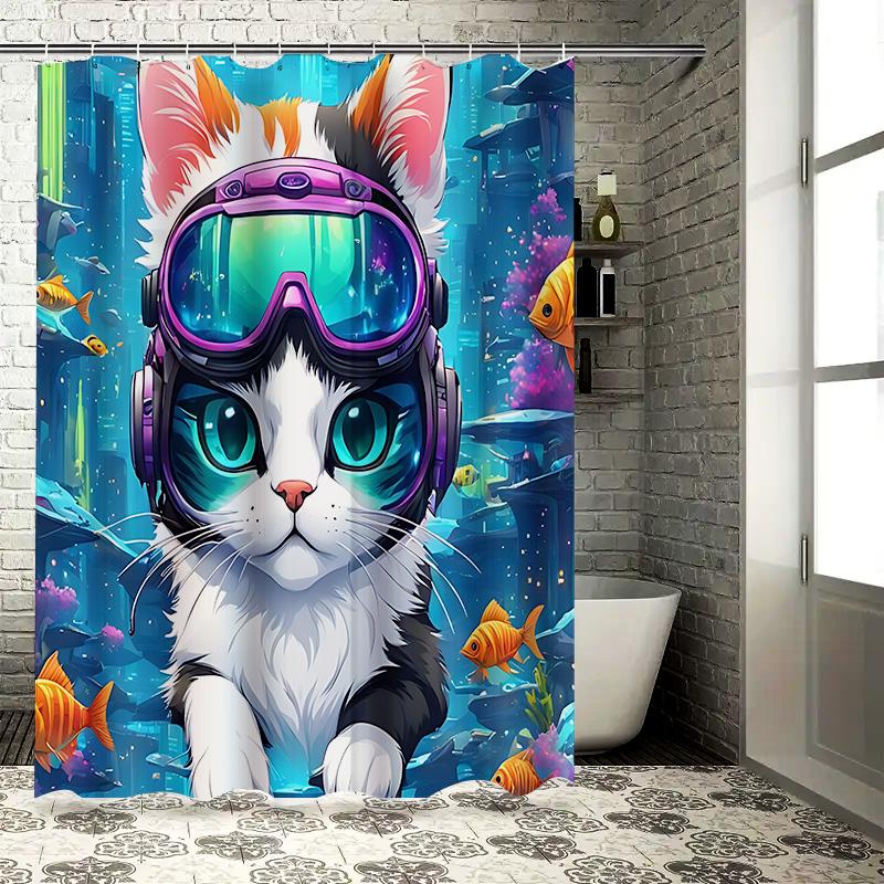 Enchanting Cat Dive Shower Curtain - Vibrant Underwater World With Cute Pet Illustration Waterproof Durable Rustproof Hooks W60H190(CM)-1 Pcs