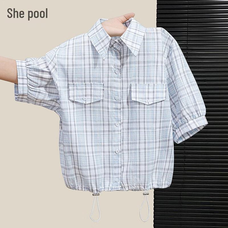 Women s Retro Plaid Short Sleeve Drawstring Hem Shirt One Size
