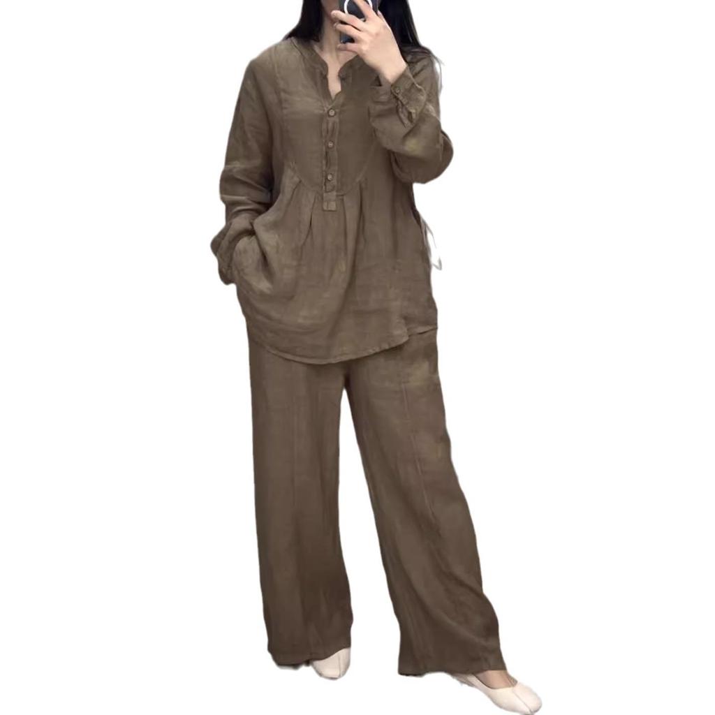 2026 Autumn Fashionable Cotton Linen Long Sleeve Casual Drawstring Pants Set