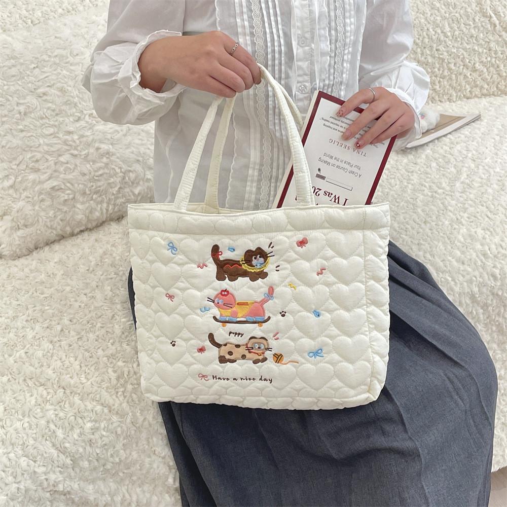 Adorable Quilted Cotton Dog Embroidery Handheld Tote Bag For Shopping And Lunch