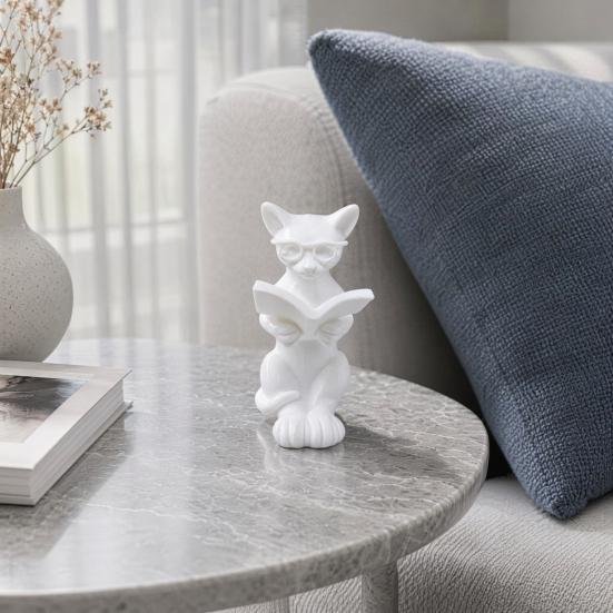 Cat Desk Decoration 3D Printed Reading Statue, Holding Book Glasses Figurine, Artistic Ornament Modern Decorative Animal Sculpture for Home