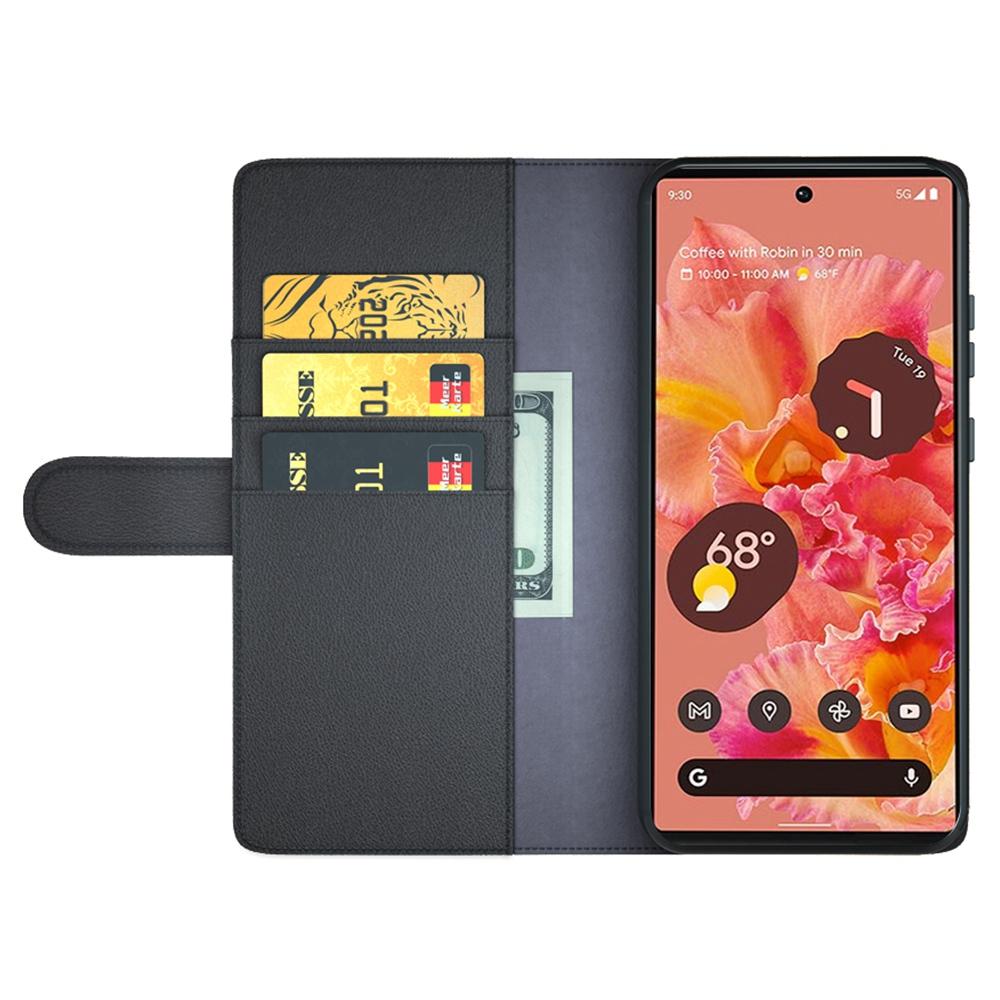 

For Google Pixel 6 Pro Split Leather Genuine Leather Phone Case Stand Wallet Magnetic Clasp Cover Black