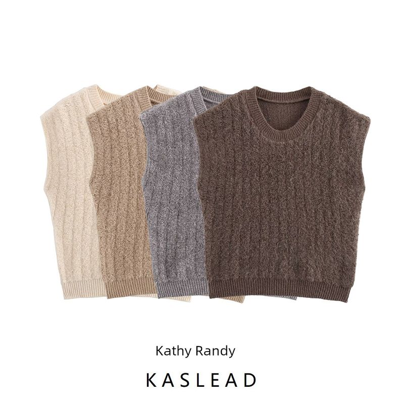 Kaslead New Arrival Women's Clothing Fashion Style Fashion round Neck Vertical Stripes Pullover Knitted Sweater Vest